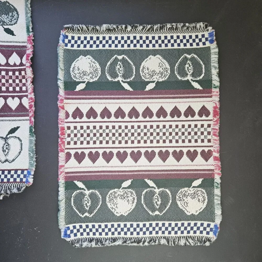 A is for Apple VTG Runner & 4 Placemats Tapestry Fringe Hearts Checkered Red Grn